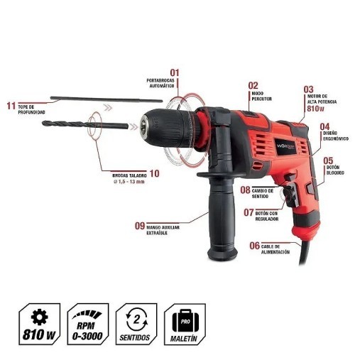 Taladro percutor WORGRIP PRO 810W - 10 Taladro percutor WORGRIP PRO 810W - 10