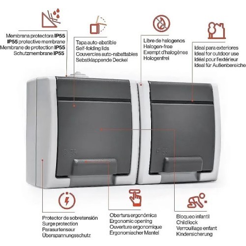 Base doble de superficie estanco IP55 Famatel 19080 - 5 Base doble de superficie estanco IP55 Famatel 19080 - 5