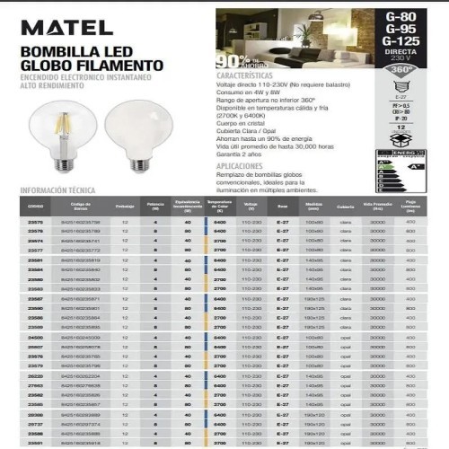 Bombilla LED filamento globo G125 clara E27 8W (Fría, Cálida) - 5 Bombilla LED filamento globo G125 clara E27 8W (Fría, Cálida) - 5