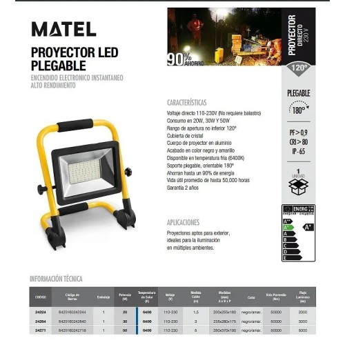 Proyector LED Matel plegable 1,5 metros 20W Fría - 2