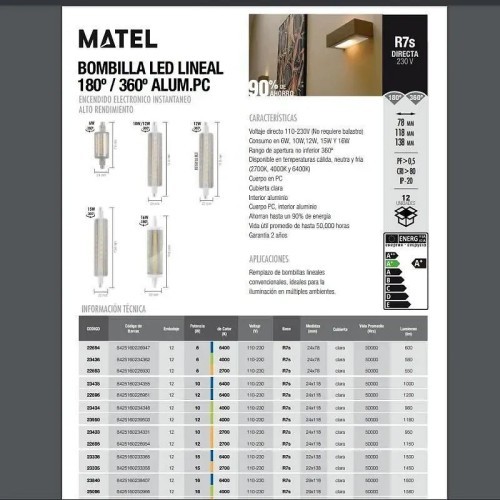 Bombilla LED matel lineal 360º 78mm 6W (Fría, Cálida) - 3 Bombilla LED matel lineal 360º 78mm 6W (Fría, Cálida) - 3