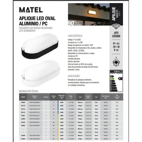 Plafón LED Oval IP65 para Exterior Negro Matel 7W (Fría y Neutra) - 2 Plafón LED Oval IP65 para Exterior Negro Matel 7W (Fría y Neutra) - 2