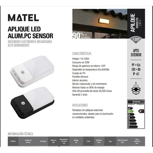 Plafón LED Exterior IP65 Negro con Sensor 20W Fría - 2