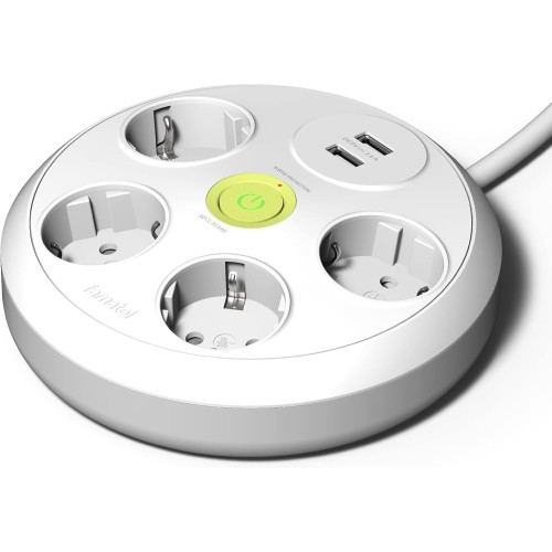 Base Redonda 4 Tomas + 2 USB TT 3m Blanca Interruptor Famatel 2644/3