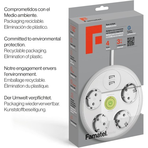 Base Redonda 4 Tomas + 2 USB TT 3m Blanca Interruptor Famatel 2644/3