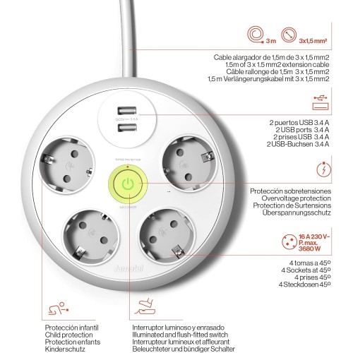 Base Redonda 4 Tomas + 2 USB TT 3m Blanca Interruptor Famatel 2644/3