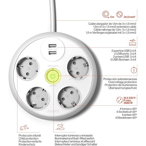 Base Redonda 4 Tomas + 2 USB TT 3m Blanca Interruptor Famatel 2644/3 Base Redonda 4 Tomas + 2 USB TT 3m Blanca Interruptor Famatel 2644/3