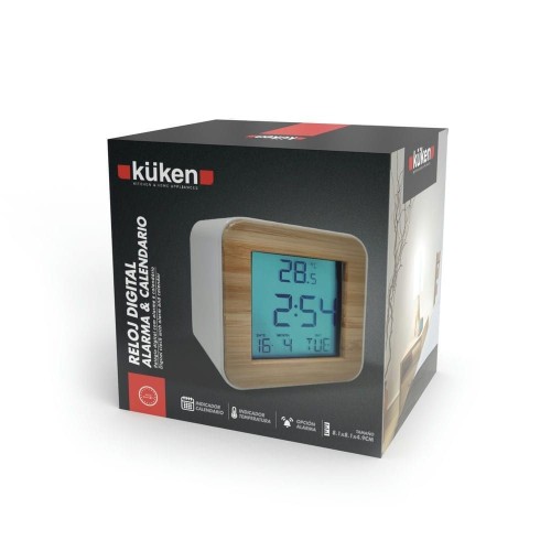Kuken Reloj Digital con Alarma y Calendario Blanco Madera