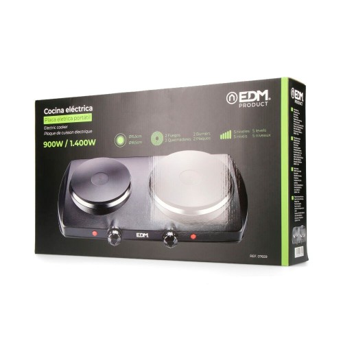 Cocina Eléctrica EDM Negra 1400W 2 Fuegos CE/A13 07659