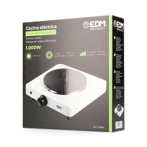 Cocina Eléctrica EDM Blanca Portátil 1 Hornillo 1000W 07660