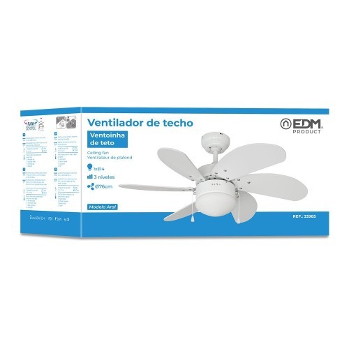 Ventilador De Techo Aral Blanco 50W Aspas Ø76cm EDM Ventilador De Techo Aral Blanco 50W Aspas Ø76cm EDM