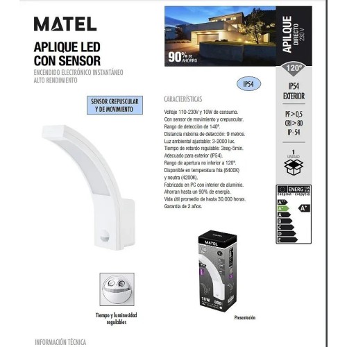 Aplique LED sensor IP54 blanco 10W.(Fría, Neutra) - 4