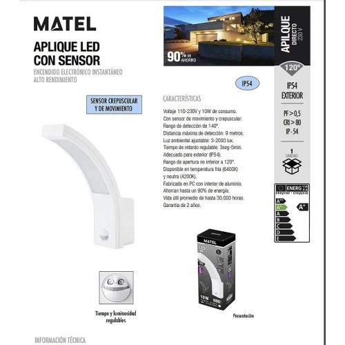 Aplique LED sensor IP54 blanco 10W.(Fría, Neutra) - 4 Aplique LED sensor IP54 blanco 10W.(Fría, Neutra) - 4