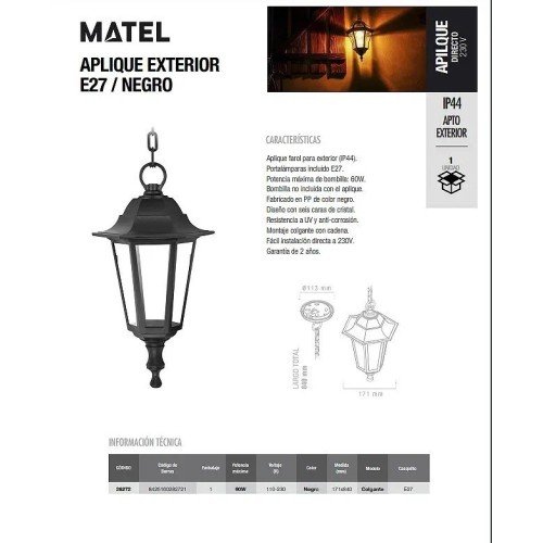 Aplique exterior negro E-27 colgante - 2