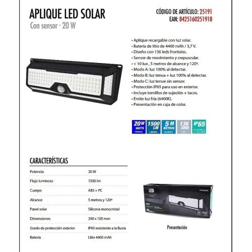 Aplique LED solar sensor negro 20W fría - 3 Aplique LED solar sensor negro 20W fría - 3