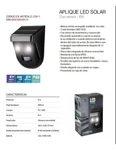 Aplique LED solar negro sensor 16CM 6W - 1 2