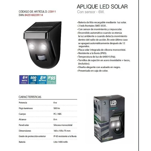 Aplique LED solar negro sensor 16CM 6W - 2
