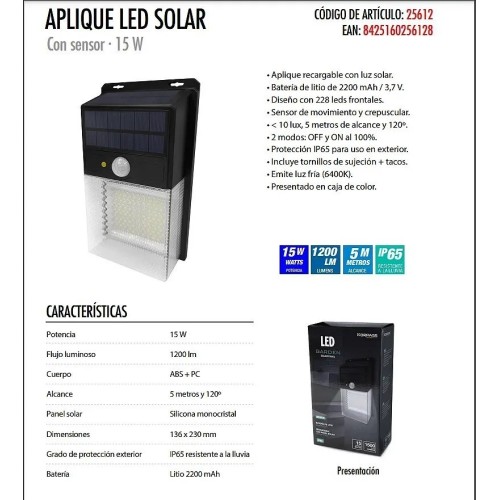 Aplique LED solar sensor vertical 15W fría - 3