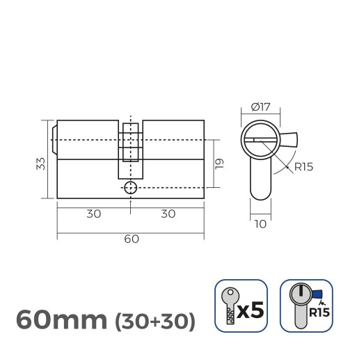 Bombín Latón 60mm 17mm Leva Larga R15 5 Llaves Seguridad EDM