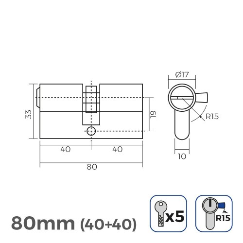 Bombín Latón 80mm 17mm Leva Larga R15 5 Llaves Seguridad EDM