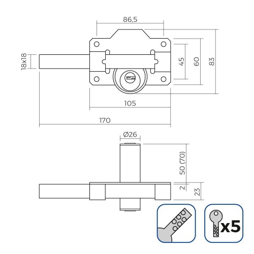 Cerrojo Seguridad Níquel 83x170mm 26mm 5 Llaves EDM