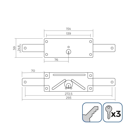 Cerradura Acero 154x59mm 3 Llaves Dorado Persiana EDM