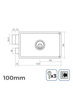 Cerradura Acero 100x94mm Cilindro 90mm 3 Llaves Dorado EDM 2