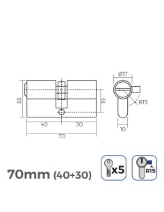 Bombín Níquel 70mm 17mm Leva Larga R15 5 Llaves Seguridad EDM 2