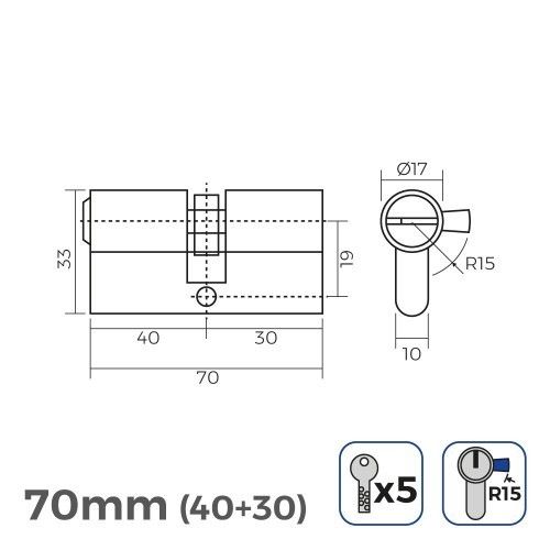 Bombín Níquel 70mm 17mm Leva Larga R15 5 Llaves Seguridad EDM