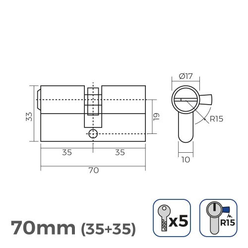 Cilindro Bombín Níquel 70mm 17mm Leva Larga 5 Llaves Seguridad EDM