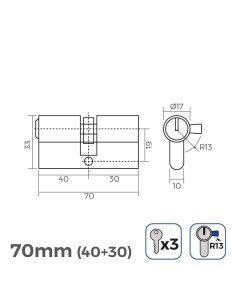 Cilindro Bombín Latón 70mm 17mm Leva Corta R13 3 Llaves EDM 2