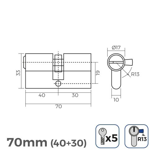 Cilindro Bombín Latón 70mm 17mm Leva Corta 5 Llaves Seguridad EDM