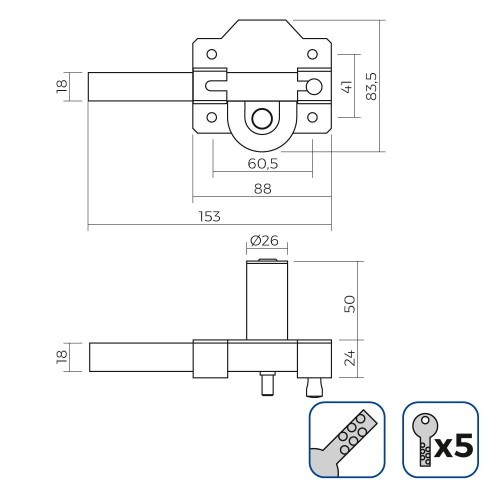 Cerrojo Acero 835x153mm 26mm Níquel 5 Llaves Seguridad EDM