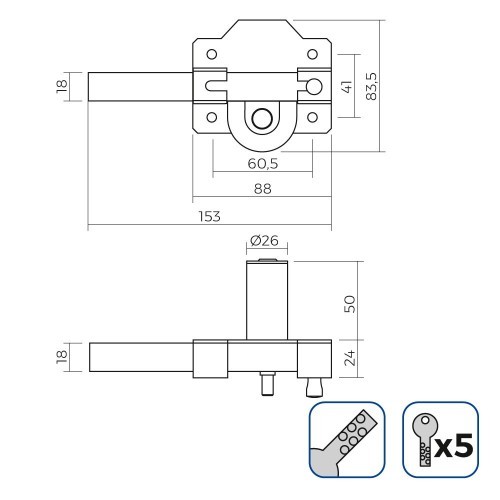 Cerrojo Acero 835x153mm 26mm Níquel 5 Llaves Seguridad EDM
