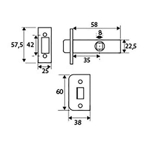 Picaporte Tubular Acero 68x25x57.5mm Canto Cuadrado 45mm Níquel EDM