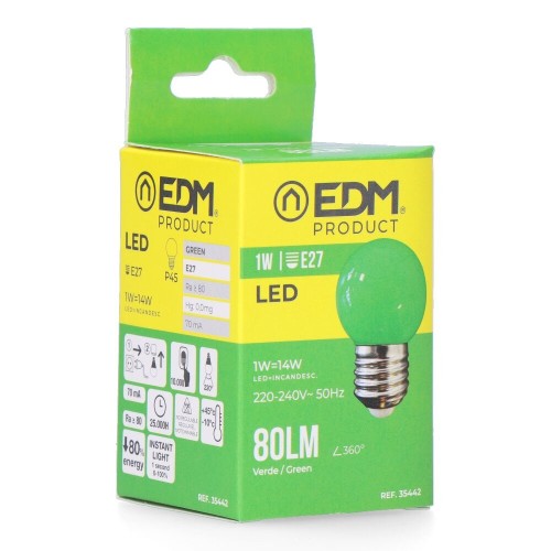 Bombilla LED Esférica E27 1W 80lm Luz Verde EDM