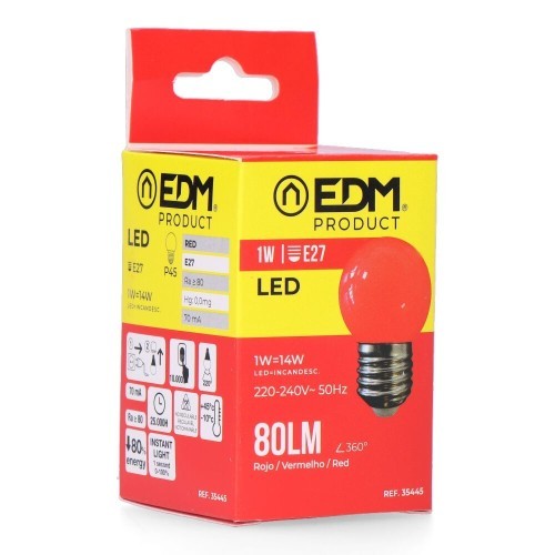 Bombilla LED Esférica E27 1W 80lm Luz Roja EDM Bombilla LED Esférica E27 1W 80lm Luz Roja EDM