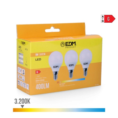 Bombillas LED Esféricas E14 5W 400lm 3200K Luz Cálida Pack 3 EDM