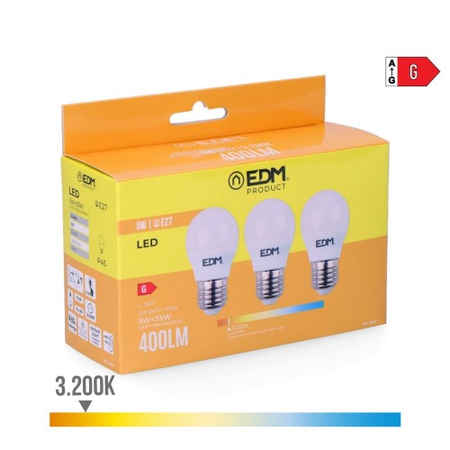 Pack 3 Bombillas LED Esféricas E27 5W 3200K Luz Cálida EDM