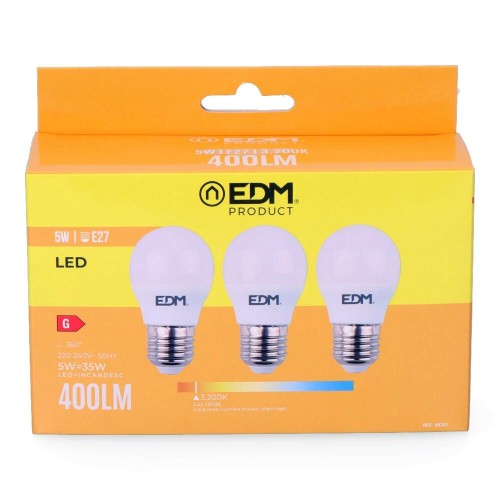 Pack 3 Bombillas LED Esféricas E27 5W 3200K Luz Cálida EDM
