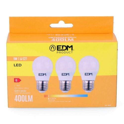 Pack 3 Bombillas LED Esféricas E27 5W 3200K Luz Cálida EDM Pack 3 Bombillas LED Esféricas E27 5W 3200K Luz Cálida EDM