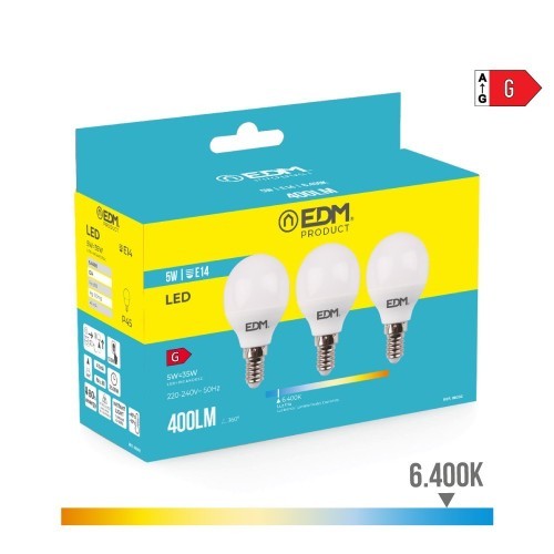 Pack 3 Bombillas LED Esférica E14 5W 400lm 6400K Luz Fría EDM Pack 3 Bombillas LED Esférica E14 5W 400lm 6400K Luz Fría EDM