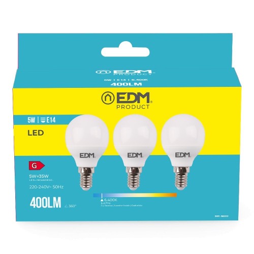 Pack 3 Bombillas LED Esférica E14 5W 400lm 6400K Luz Fría EDM