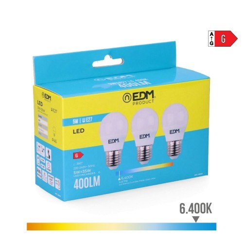 Bombilla LED Esférica E27 5W 400lm 6400K Luz Fría Pack 3 EDM Bombilla LED Esférica E27 5W 400lm 6400K Luz Fría Pack 3 EDM