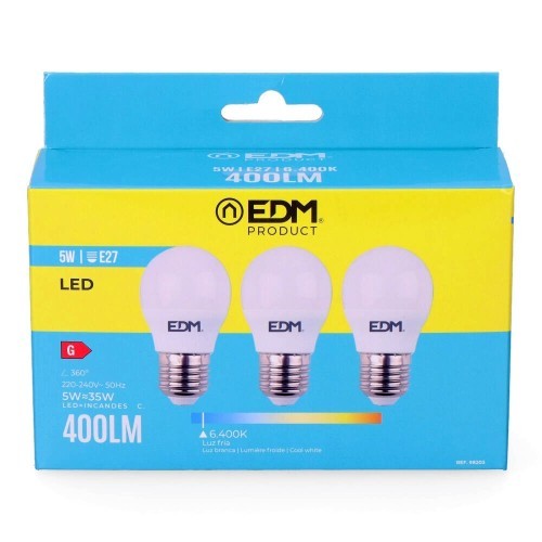 Bombilla LED Esférica E27 5W 400lm 6400K Luz Fría Pack 3 EDM Bombilla LED Esférica E27 5W 400lm 6400K Luz Fría Pack 3 EDM