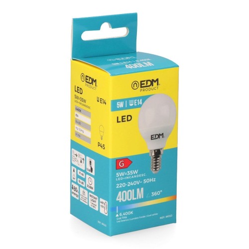 Bombilla LED Esférica E14 5W 400lm 6400K Luz Fría EDM