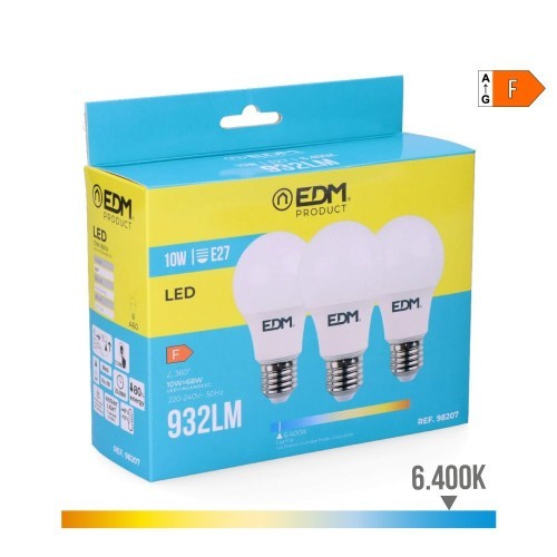 Pack 3 Bombillas LED E27 10W 932lm 6400K Luz Fría EDM Pack 3 Bombillas LED E27 10W 932lm 6400K Luz Fría EDM