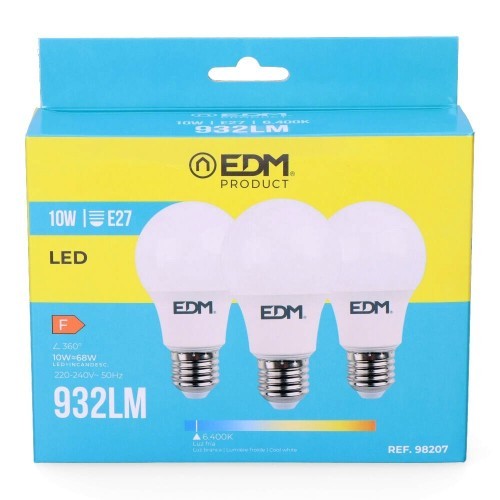 Pack 3 Bombillas LED E27 10W 932lm 6400K Luz Fría EDM Pack 3 Bombillas LED E27 10W 932lm 6400K Luz Fría EDM
