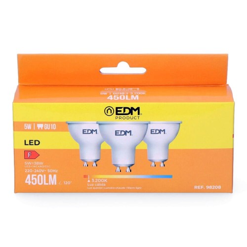 Pack 3 Bombillas LED Dicroica GU10 5W 3200K Luz Cálida EDM
