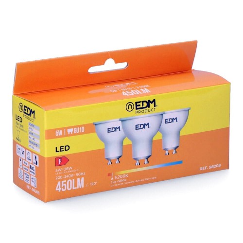 Pack 3 Bombillas LED Dicroica GU10 5W 3200K Luz Cálida EDM